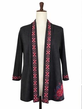 J.Jill Small Embroidered Cardigan Jacket Open Front Floral Boho